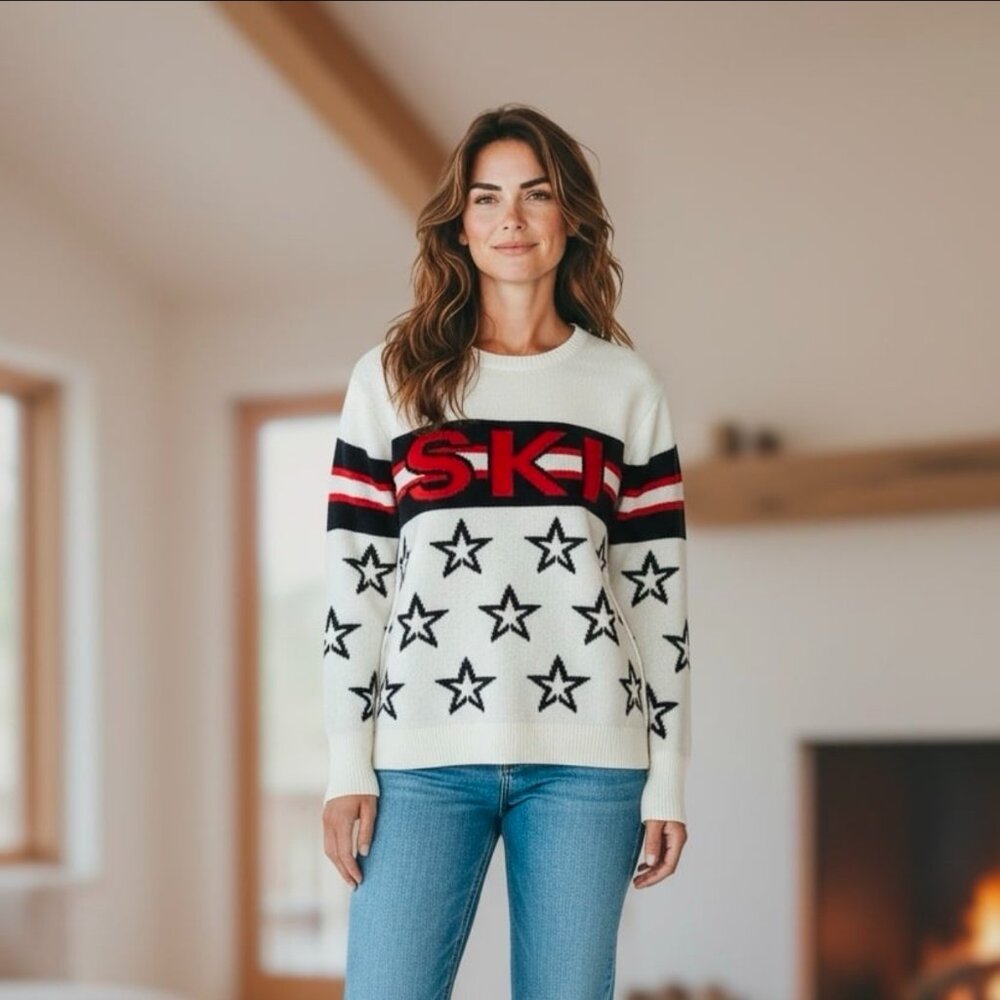 CeCe "SKI" Women Sweater White navy red With Star Print Size XL New
